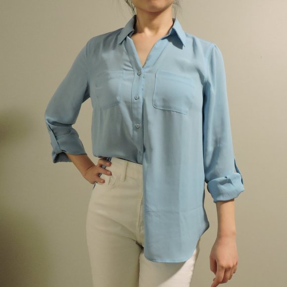 Talbots Cyan Blue Shirt with Front Pockets and Rolled-up Sleeves - Picture 5 of 10